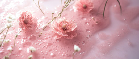 Beautiful pink flowers with water drops on pink background, stock photoの素材