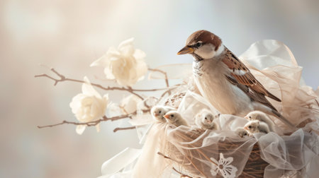 Easter composition with sparrows and eggs on bokeh backgroundの素材