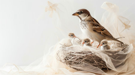 Easter composition with little sparrows and nest on white backgroundの素材