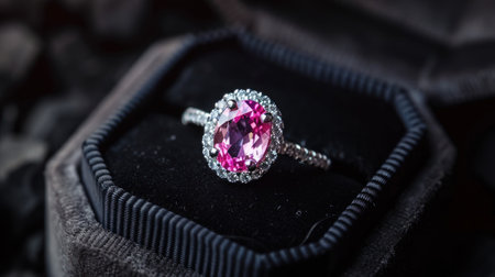jewelry ring with pink sapphire in black jewel boxの素材