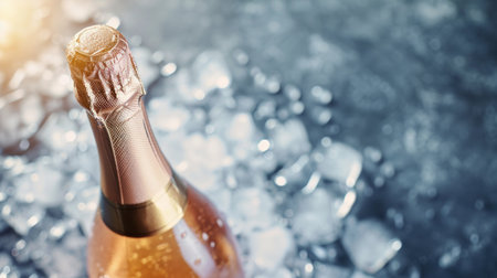 Bottle of champagne on ice background with copy space for your textの素材