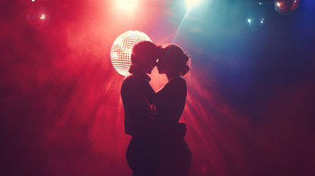 silhouette of a loving couple dancing in a nightclub on stageの素材