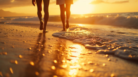Couple walking on the beach at sunset or sunrise. Concept of love, travel and holiday.の素材