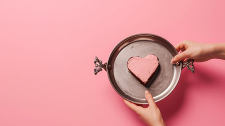 cropped view of woman holding plate with heart shaped cake on pink backgroundの素材