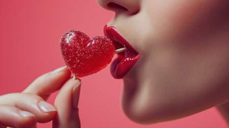 Closeup shot of beautiful female lips with heart shaped lollipopの素材