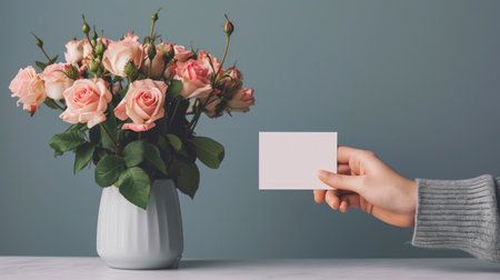 Hand holding a blank business card with a bouquet of roses on a gray backgroundの素材