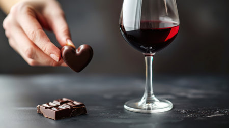 Woman's hand holding a glass of red wine with heart shaped chocolateの素材