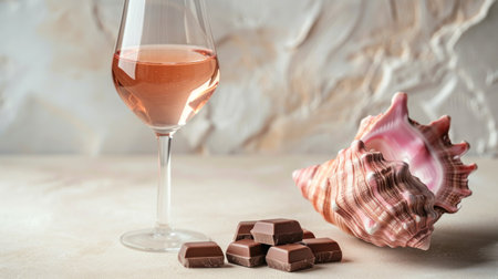 Glass of rose wine and chocolate candies on light textured backgroundの素材