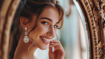 Portrait of beautiful young bride with makeup and hairstyle in luxury interiorの素材