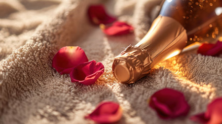 Bottle of champagne and rose petals on towel, closeupの素材