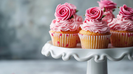 Cupcakes with pink buttercream frosting and roses on white standの素材