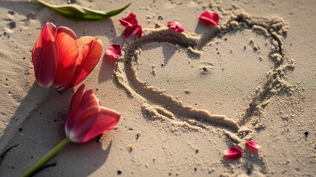 Tulips on the beach with heart-shaped petals.の素材