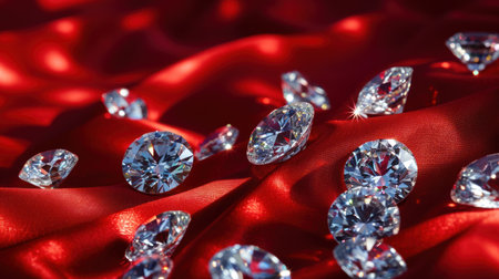 Luxury diamonds on red satin background, close-upの素材