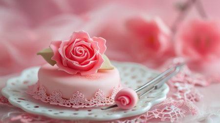 Cake with pink roses on a pink background, close-upの素材