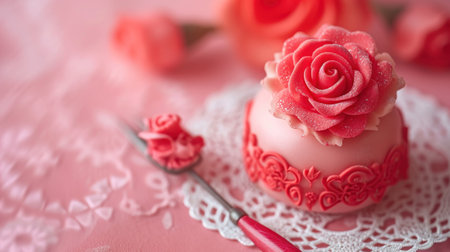 Delicious cake with roses on a pink background. Valentine's Dayの素材