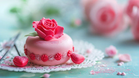 Cake with pink roses on a light background. Selective focus.の素材