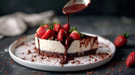 Chocolate cheesecake with fresh strawberries and chocolate sauce on dark backgroundの素材