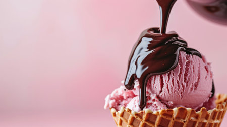 Ice cream in waffle cone with chocolate on pink background, closeupの素材