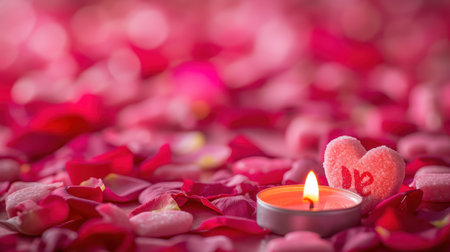 Valentine's day background with red rose petals and candleの素材