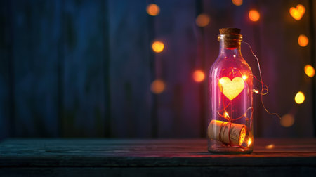 Valentine's day concept. Glass bottle with heart on wooden backgroundの素材
