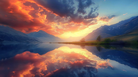 Mountain lake at sunset. Landscape with reflection of mountains in waterの素材