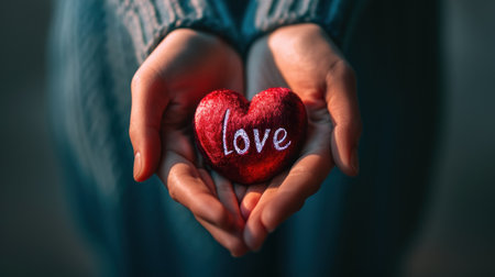 Female hands holding a red heart with the word love on it.の素材