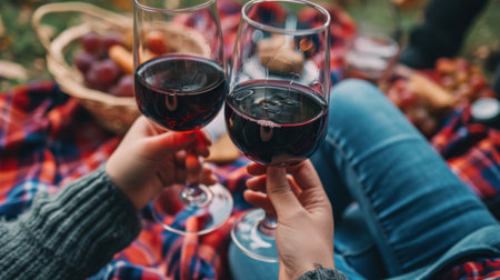 Close-up of female hands holding glasses of red wine on picnicの素材