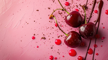 Sweet cherry with chocolate on pink background. Top view, copy spaceの素材