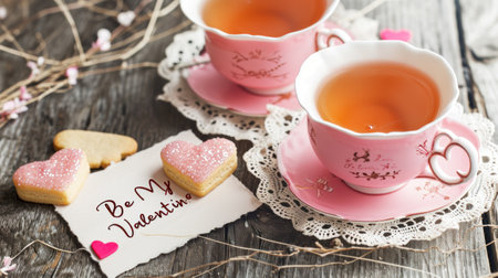 Valentine's day cup of tea with heart shaped cookies on wooden backgroundの素材