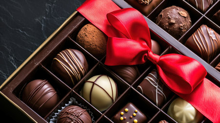 Box of assorted chocolates with red bow on black marble backgroundの素材