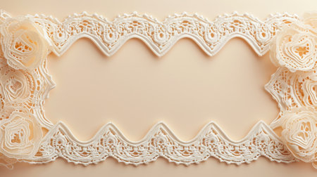 Lace frame on beige background, top view. Space for textの素材