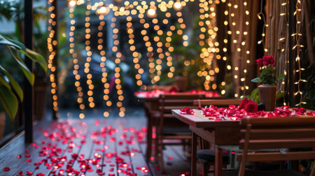 Romantic dinner table in a restaurant decorated with red rose petalsの素材