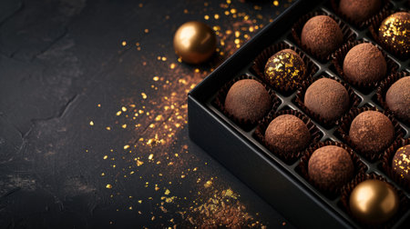Chocolate truffles in a box on a black background.の素材