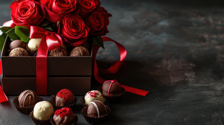 Box with delicious chocolate candies and roses on dark background, closeupの素材