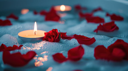 Candle and rose petals on a white towel in the spaの素材