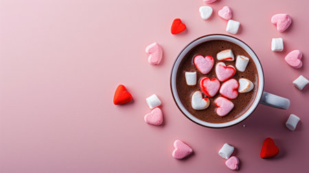 Cup of hot chocolate with marshmallows and hearts on pink backgroundの素材