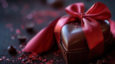 Chocolate candy with a red ribbon on a dark wooden background.の素材