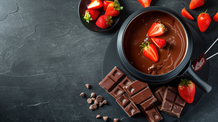 Chocolate fondue with strawberries on dark background. Top view with copy spaceの素材