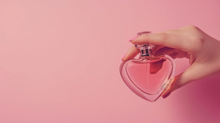 Pink perfume bottle in female hand on pink background with copy space.の素材