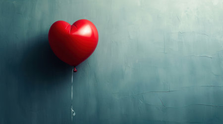 Red heart balloon on blue wall background. Valentine's day concept.の素材