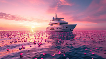 luxury yacht in the sea at sunset. 3d render illustrationの素材