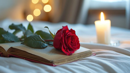 Red rose on a book in the bed with candles and bokeh backgroundの素材