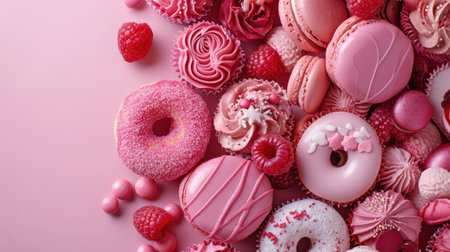 Colorful pink and white donuts on pink background, top viewの素材
