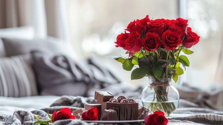 Valentine's Day background with roses and chocolate on bed.の素材