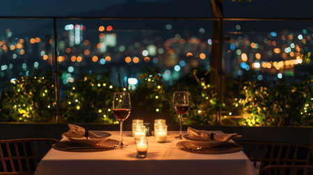 Table set for dinner in restaurant with view of the city at nightの素材