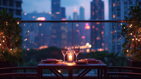 Table set for dinner in a restaurant with a view of the cityの素材