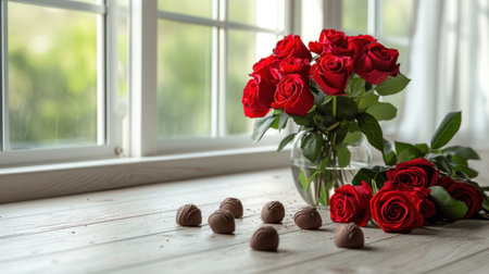Bouquet of red roses and chocolate candies on wooden tableの素材
