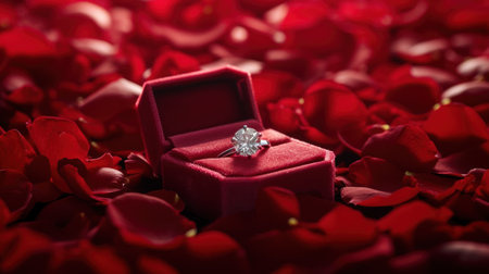 Wedding ring in red box with rose petals background.の素材