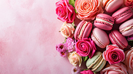 Delicious macaroons and roses on color background, top viewの素材