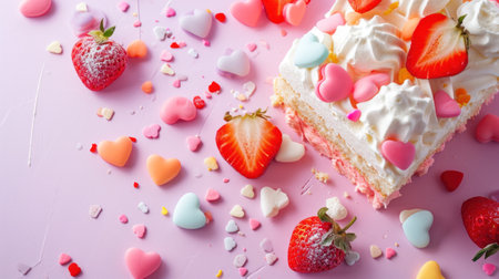 Strawberry cake with heart-shaped sprinkles on pink backgroundの素材